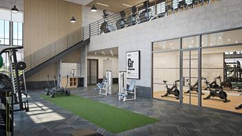 a rendering of a fitness room with weights and cardio equipment and glass doors
